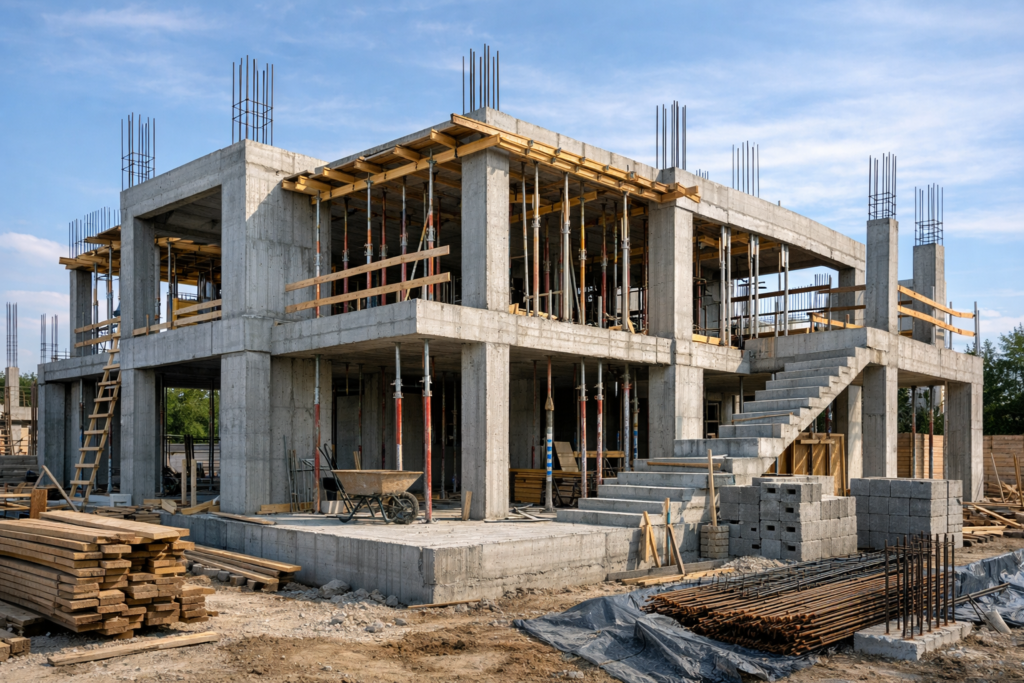 En la imagen se ve una casa de hormigón armado en proceso