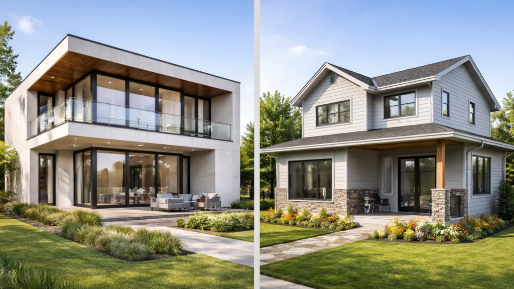 En la imagen se ven dos casas finalizadas: Una de hormigon armado y otra de steel frame