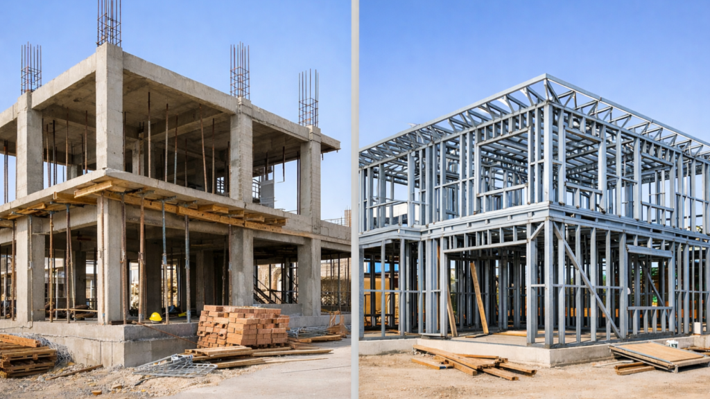 En la imagen se ven dos casas en construccion: Una de hormigon armado y otra de steel frame