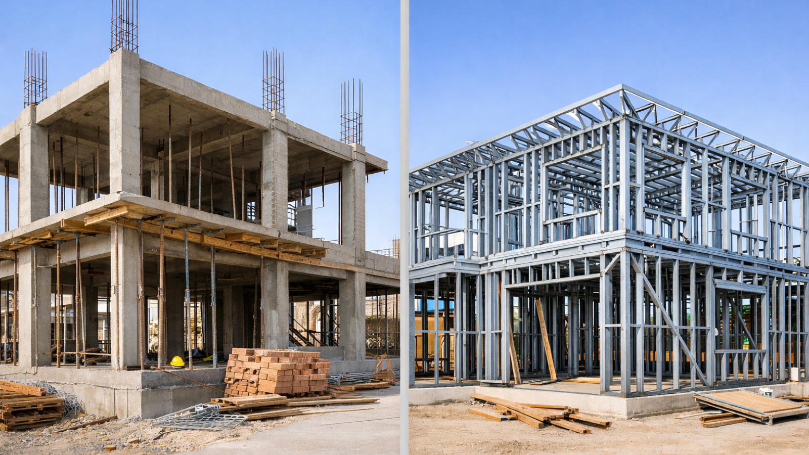 En la imagen se ven dos casas en construccion: Una de hormigon armado y otra de steel frame