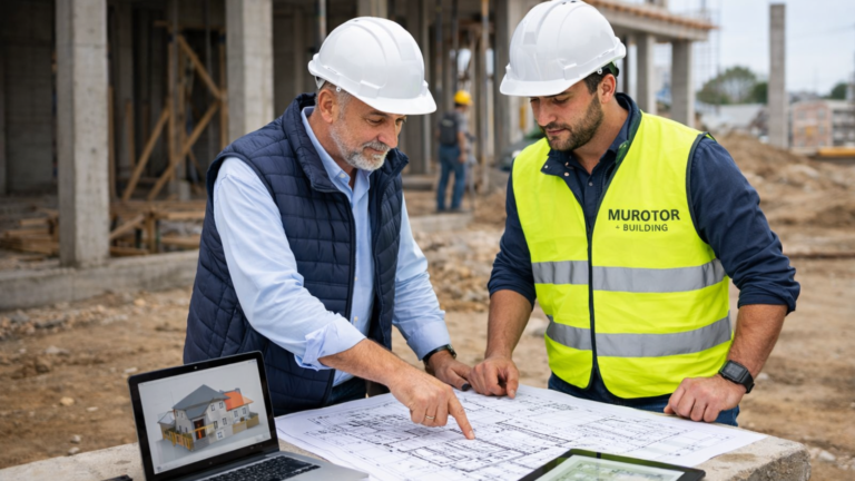 En la imagen se ve a dos personas hablando sobre una construccion