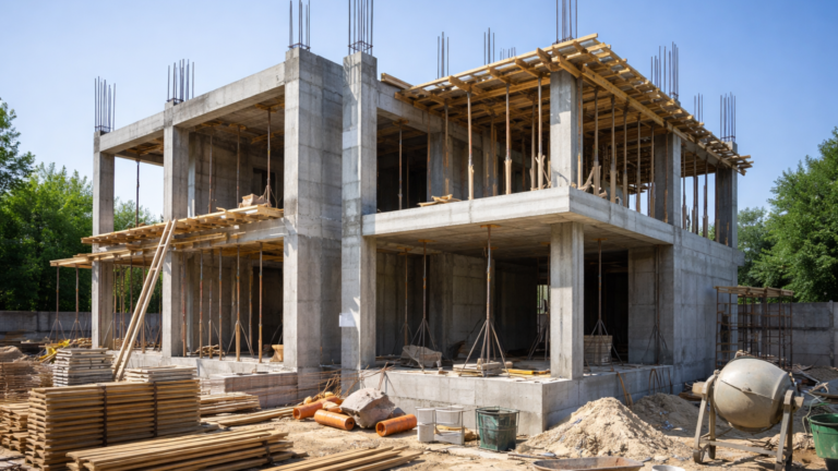 En la imagen se ve una construccion de una vivienda