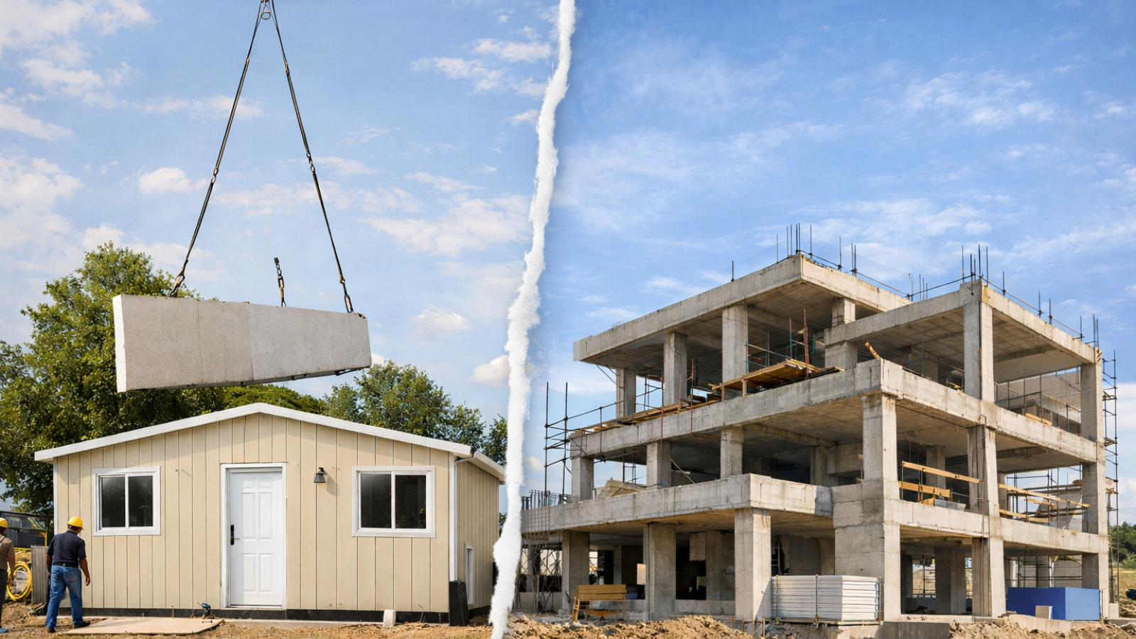 En la imagen se ve una casa prefabricada en construccion y una de hormigon
