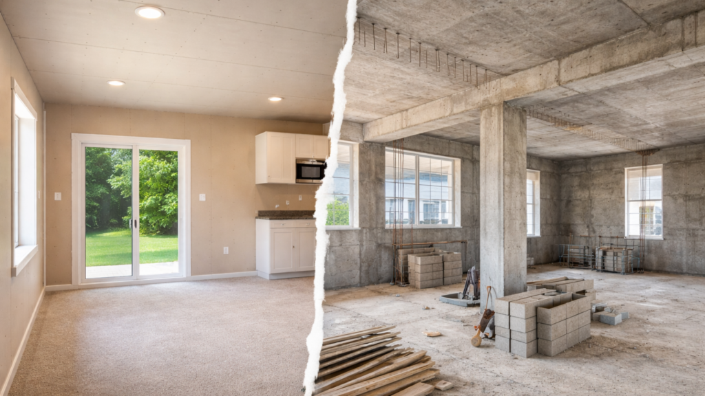 En la imagen se ve casas prefabricadas y de hormigon en su interior