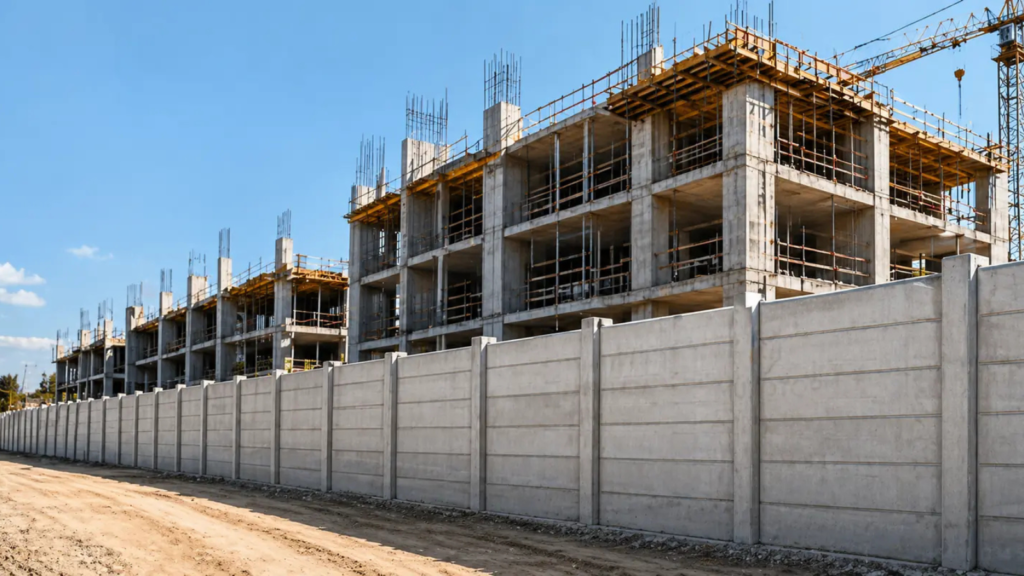 En la imagen se ve una constructora de edificios construyendo un desarrollo inmobiliario