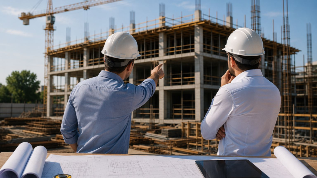 En la imagen se ve una constructora para inmobiliarias construyendo